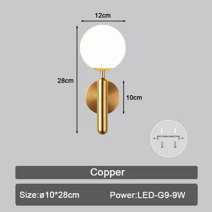 Modern black & gold teardrop led wall sconce bedroom glass globe light