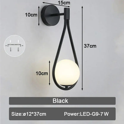 Modern black & gold teardrop led wall sconce bedroom glass globe light