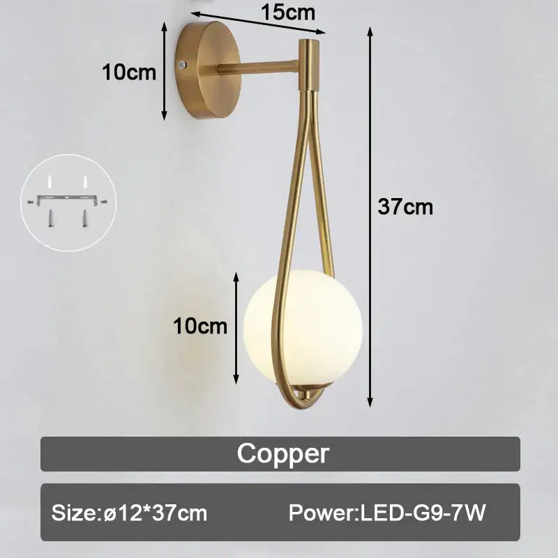 Modern black & gold teardrop led wall sconce bedroom glass globe light