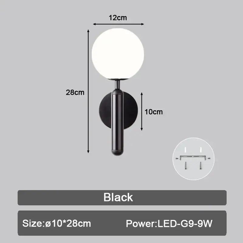 Modern black & gold teardrop led wall sconce bedroom glass globe light