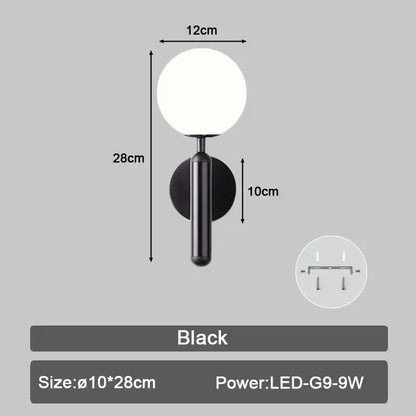 Modern black & gold teardrop led wall sconce bedroom glass globe light