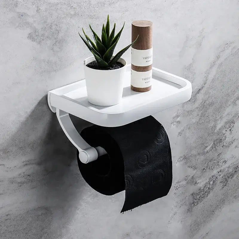 Modern black & gold tissue paper holder with phone tray bathroom rack