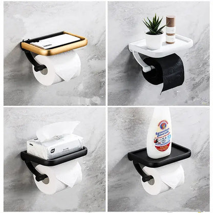 Modern black & gold tissue paper holder with phone tray bathroom rack