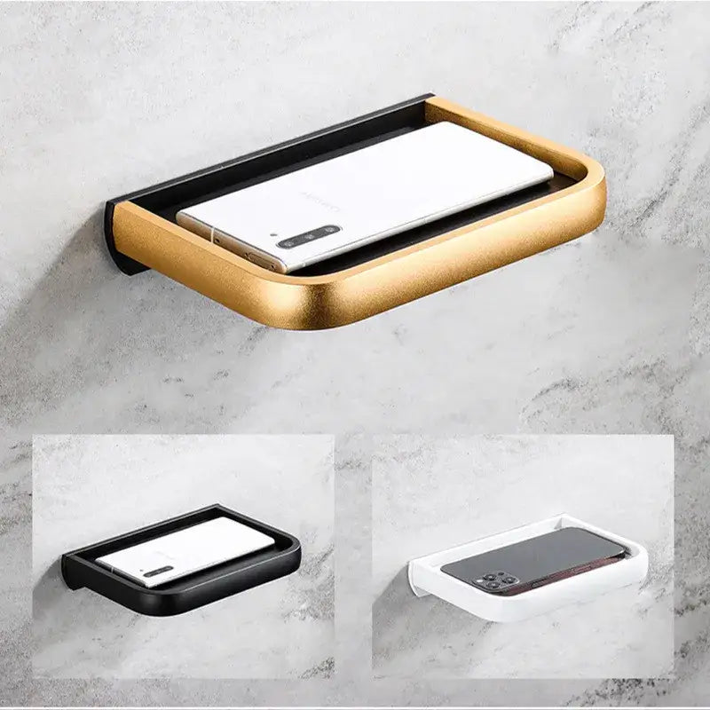 Modern black & gold tissue paper holder with phone tray bathroom rack