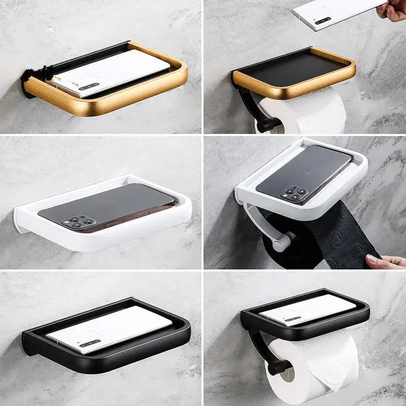 Modern black & gold tissue paper holder with phone tray bathroom rack