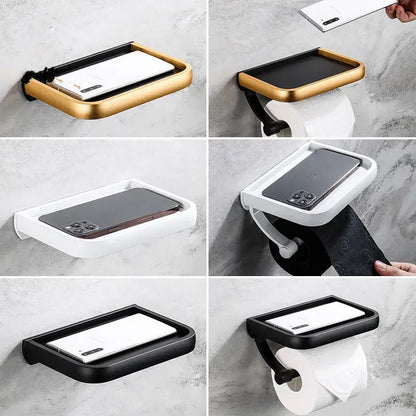 Modern black & gold tissue paper holder with phone tray bathroom rack