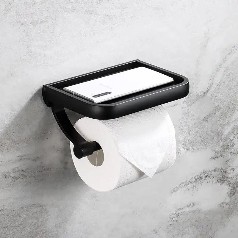 Modern black & gold tissue paper holder with phone tray bathroom rack