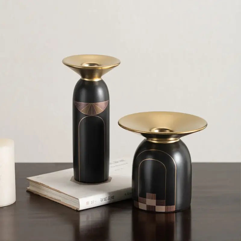 Modern black & gold tray vase candlestick set living room decor