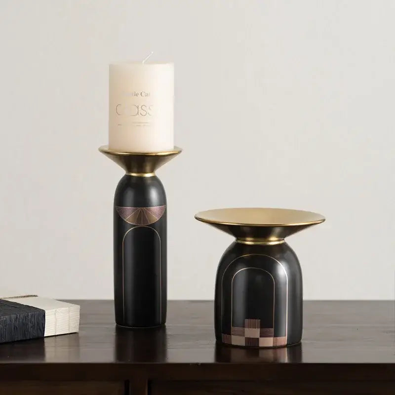 Modern black & gold tray vase candlestick set living room decor