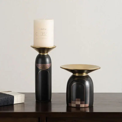 Modern black & gold tray vase candlestick set living room decor