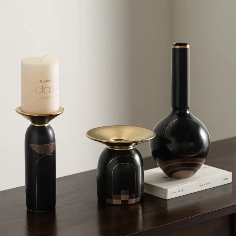 Modern black & gold tray vase candlestick set living room decor