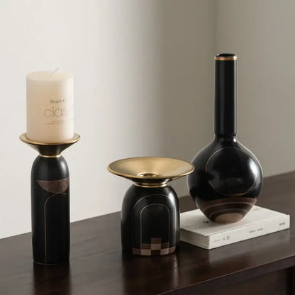 Modern black & gold tray vase candlestick set living room decor
