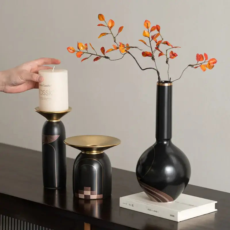 Modern black & gold tray vase candlestick set living room decor