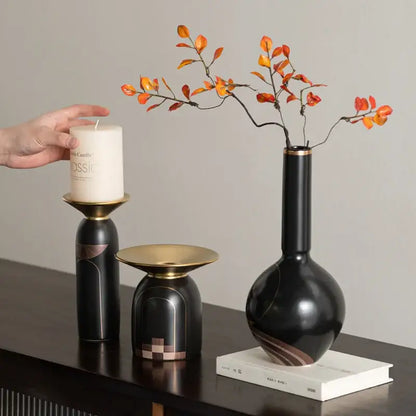 Modern black & gold tray vase candlestick set living room decor