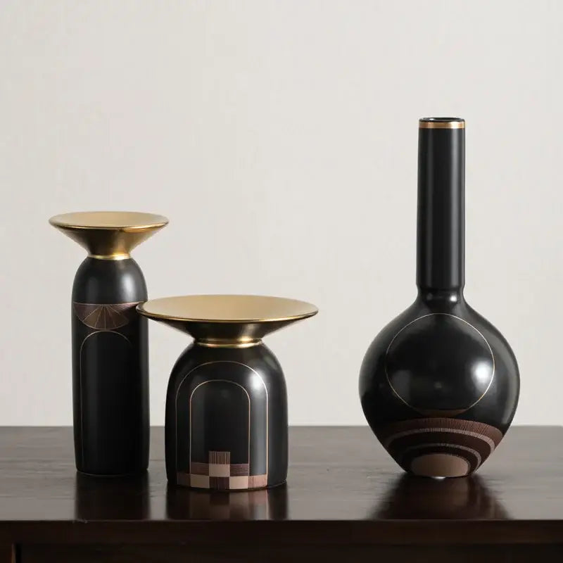 Modern black & gold tray vase candlestick set living room decor