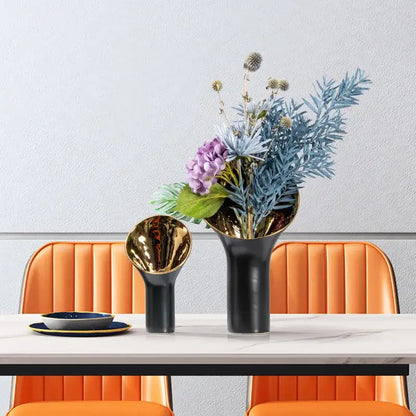 Modern black & gold trumpet ceramic flower vase set living room decor
