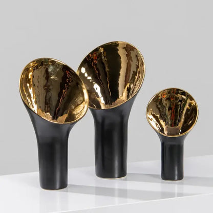 Modern black & gold trumpet ceramic flower vase set living room decor