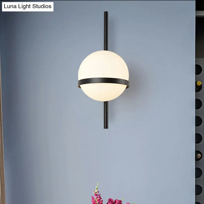 DecorBites™ Modern Black/Gold Vertical Wall Sconce with Orbit Opal Glass Shade - 1 Head Metal Wall Lamp, 6"/8" Width