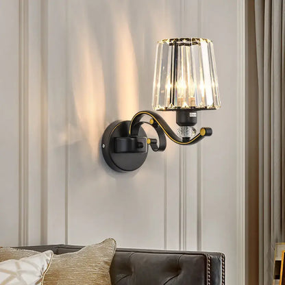 Modern black & gold wall lamp with clear glass crystal bedroom sconce