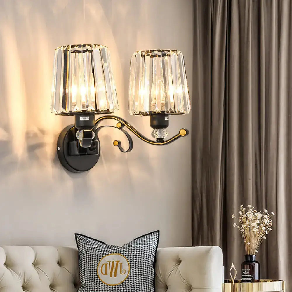 Modern black & gold wall lamp with clear glass crystal bedroom sconce