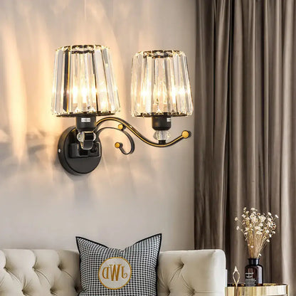 Modern black & gold wall lamp with clear glass crystal bedroom sconce