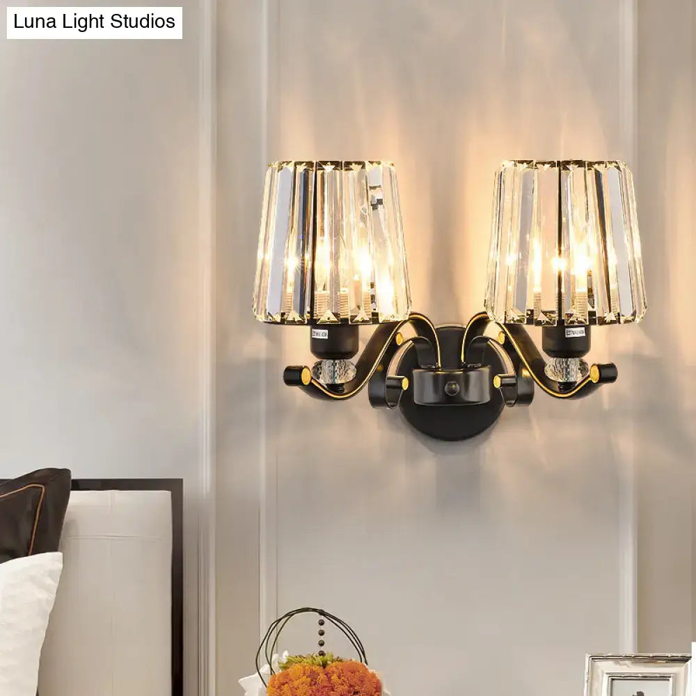 Modern black & gold wall lamp with clear glass crystal bedroom sconce