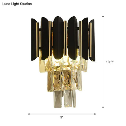 Modern black & gold wall sconce with clear faceted crystals bedroom