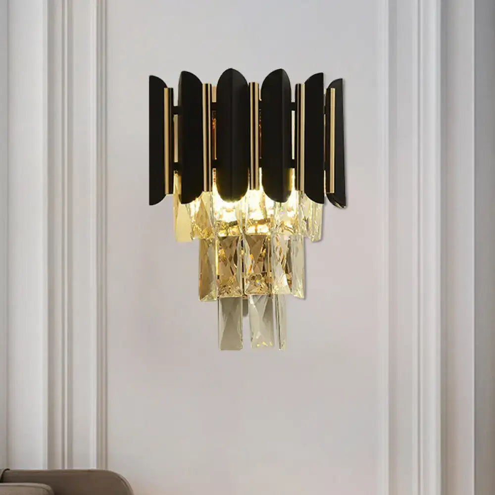 Modern black & gold wall sconce with clear faceted crystals bedroom