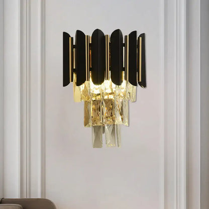 Modern black & gold wall sconce with clear faceted crystals bedroom