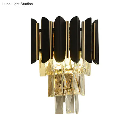 Modern black & gold wall sconce with clear faceted crystals bedroom