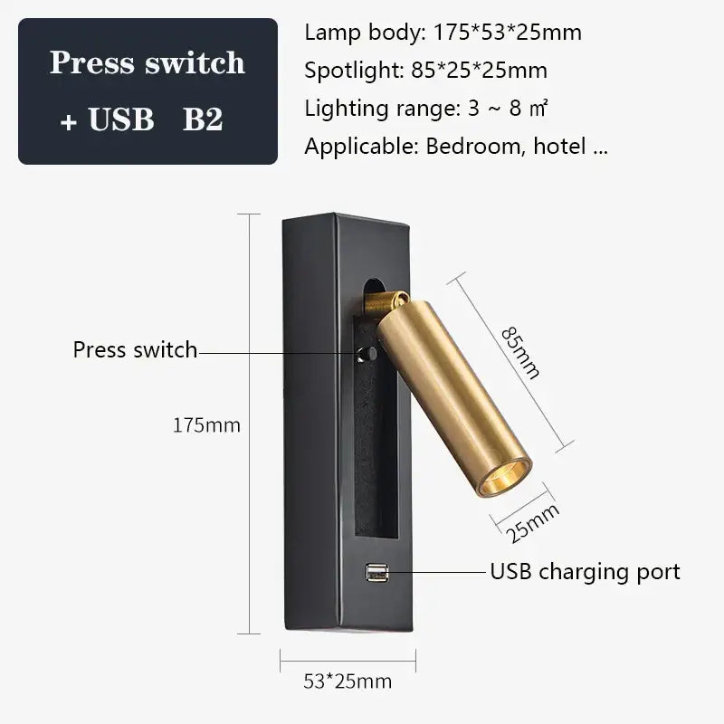 Modern black & gold wall sconce with usb port – bedroom reading light
