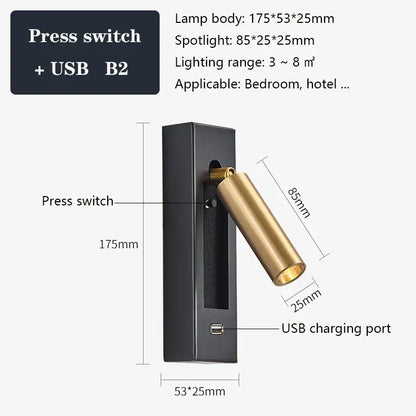Modern black & gold wall sconce with usb port – bedroom reading light
