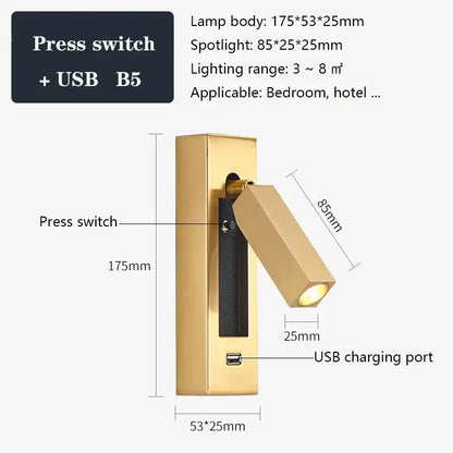 Modern black & gold wall sconce with usb port – bedroom reading light