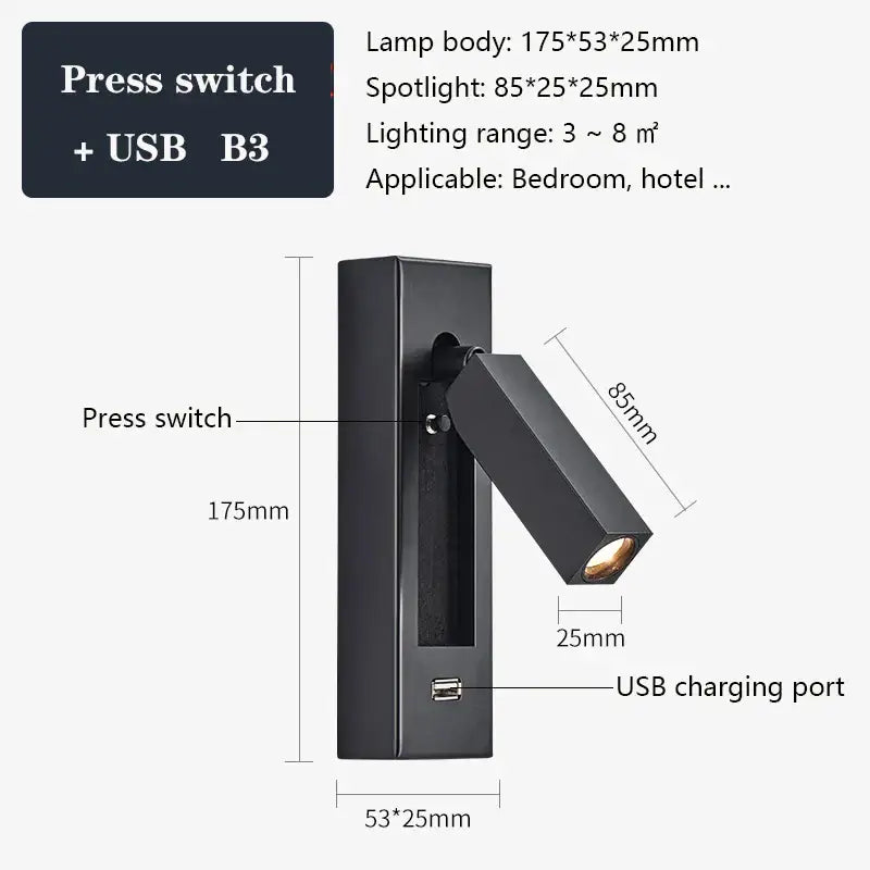 Modern black & gold wall sconce with usb port – bedroom reading light