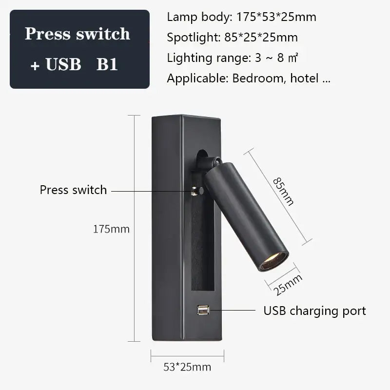 Modern black & gold wall sconce with usb port – bedroom reading light