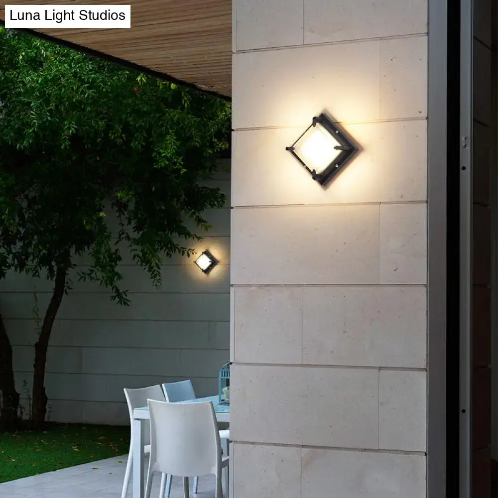 Modern black hexagonal square patio wall light with frosted glass