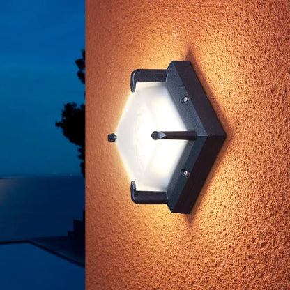 Modern black hexagonal square patio wall light with frosted glass