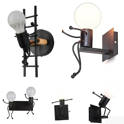 Modern black iron cartoon doll wall sconce kids bedroom ladder light