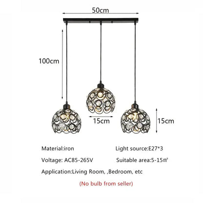 Modern black iron crystal triple pendant lamp for dining room