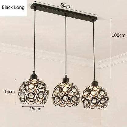 Modern black iron crystal triple pendant lamp for dining room