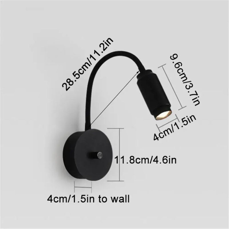 Modern black knob switch led gooseneck reading lamp bedroom wall light