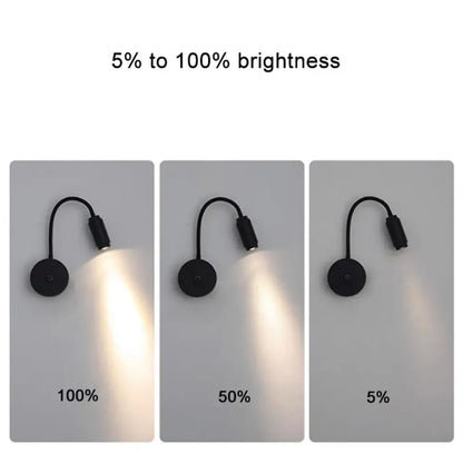 Modern black knob switch led gooseneck reading lamp bedroom wall light