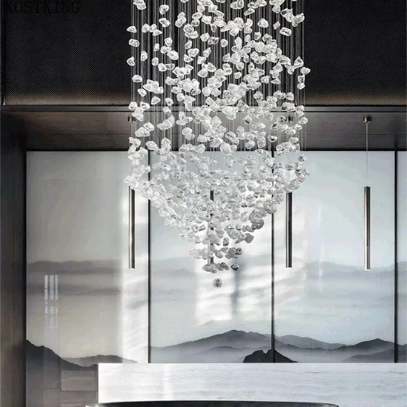 Modern black leaf crystal led chandelier staircase pendant light