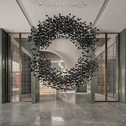 Modern black leaf crystal led chandelier staircase pendant light