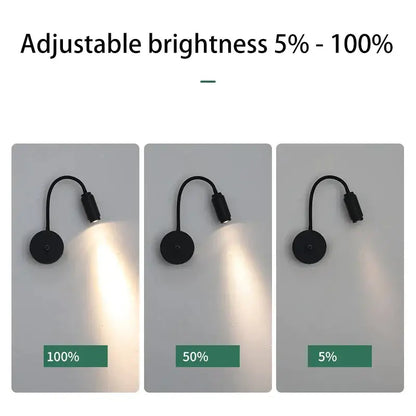 Modern black led wall lamp bedroom adjustable focus gooseneck light