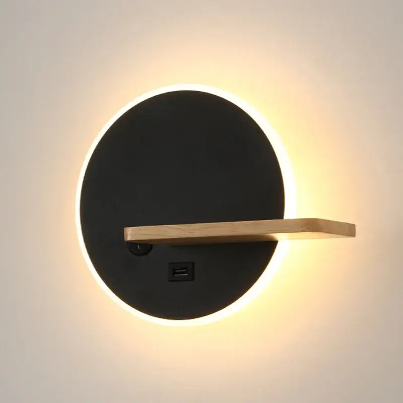 Modern black led wall lamp with wood shelves for bedroom