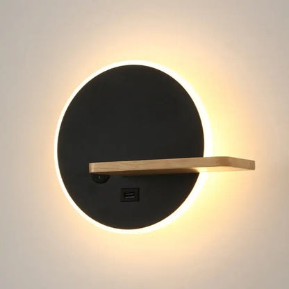 Modern black led wall lamp with wood shelves for bedroom