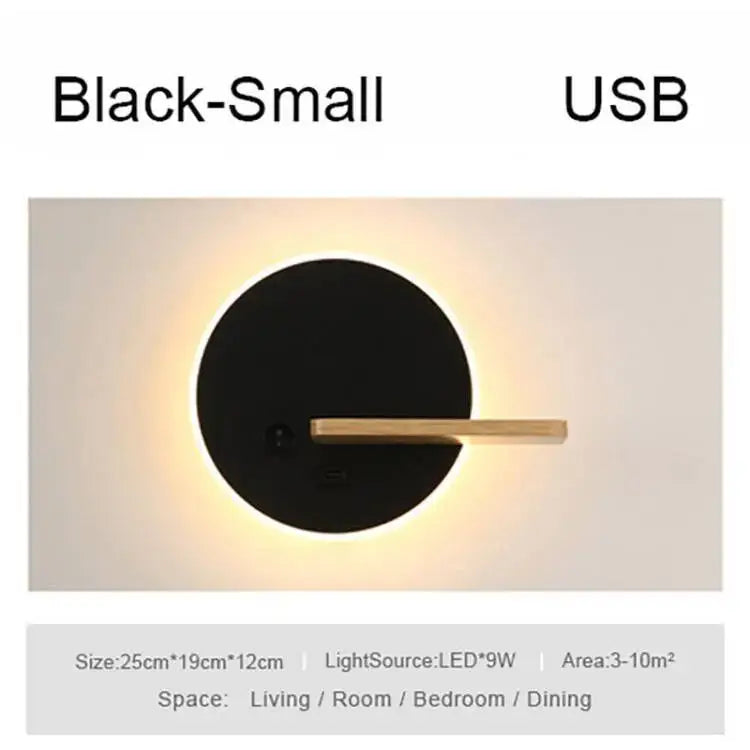 Modern black led wall lamp with wood shelves for bedroom