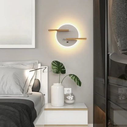 Modern black led wall lamp with wood shelves for bedroom