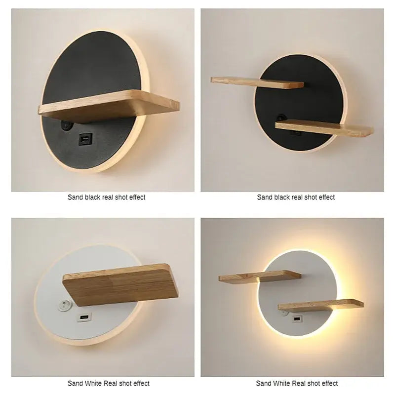 Modern black led wall lamp with wood shelves for bedroom